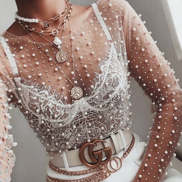 NWT pearl embellished beaded mesh top s: small - large - Picture 4 of 11